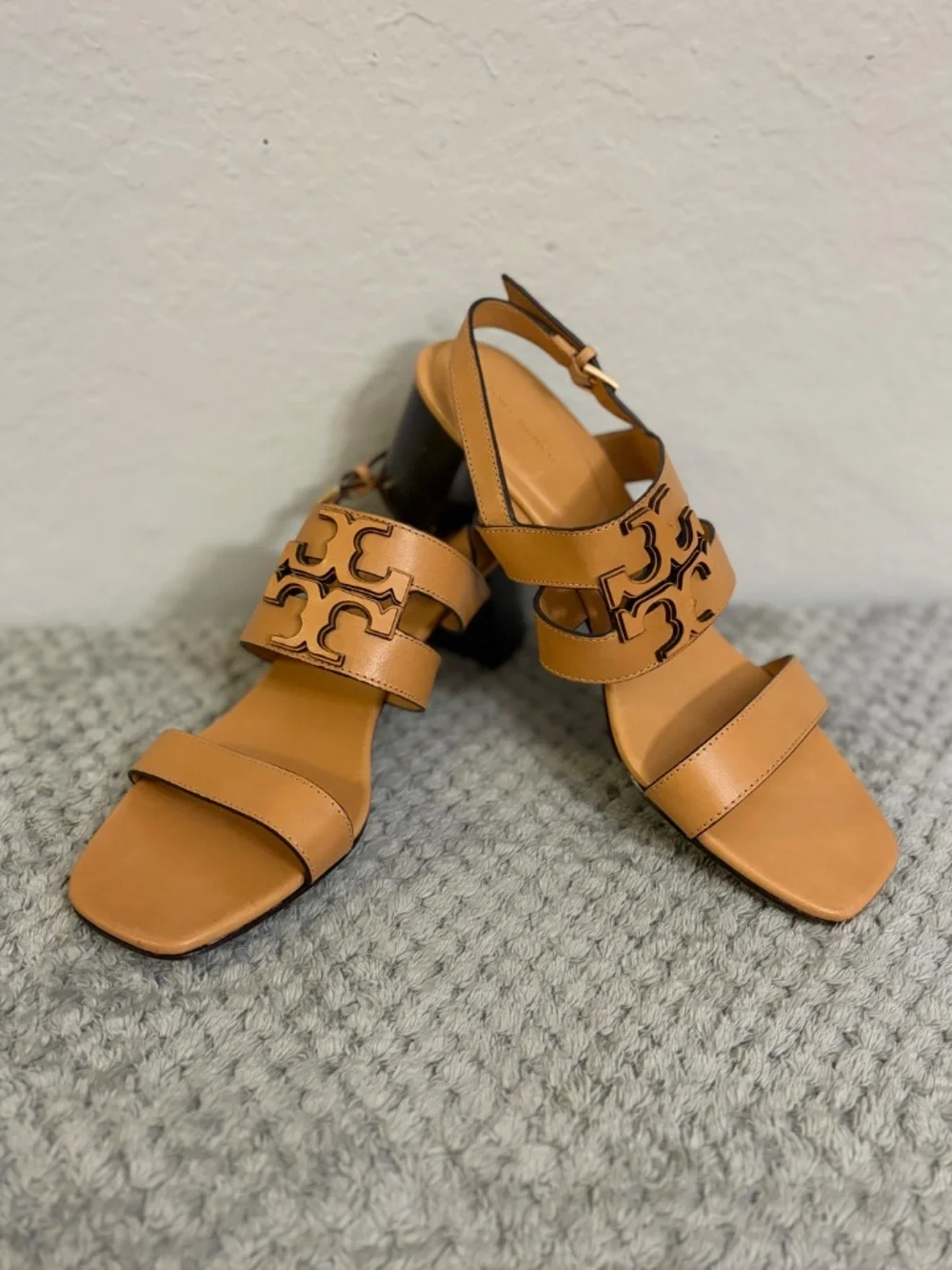 Tory Burch Tan Leather Block Heel Sandals